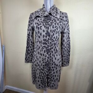 Chicos Size 1 Leopard Print Button Front Long Knit Sweater Cardigan Jacket